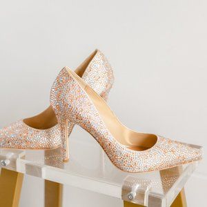 Badgley Mischka Bethany Pump Multi Crystals Nude Champagne Satin 8.5 Women's